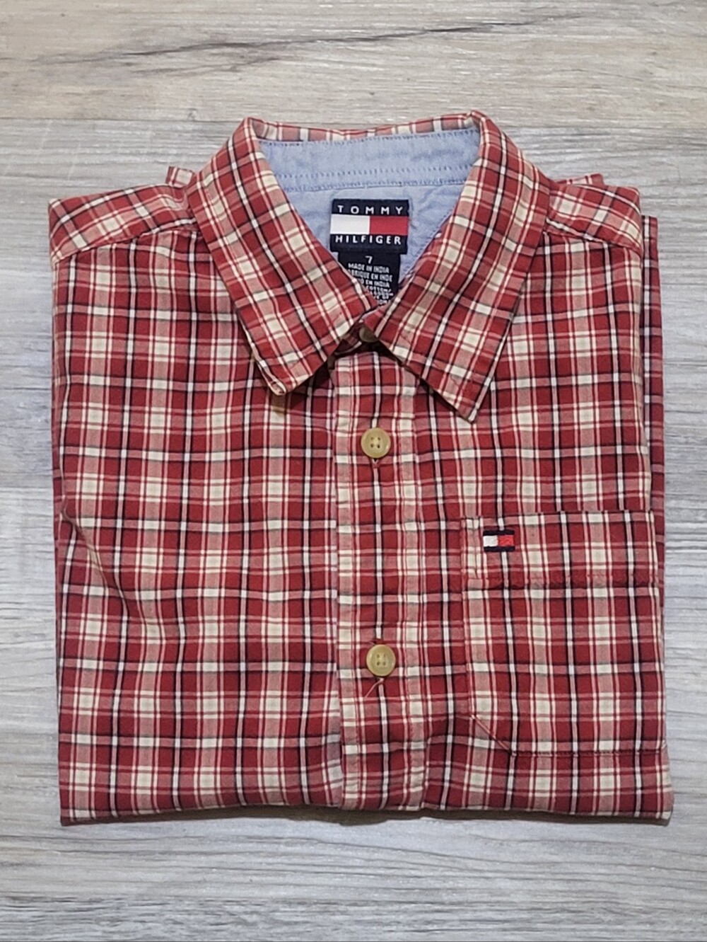 Tommy Hilfiger Boys 2003 Y2K Red & White Plaid Short-Sleeve Button Up Size 7Y